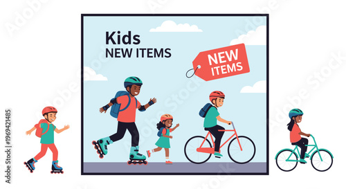 Group of children enjoying outdoor activities like cycling and roller skating for a new sports equipment promotion.