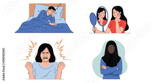 Diverse people experiencing various negative emotions like fatigue, sadness, anger, and anxiety in different poses.