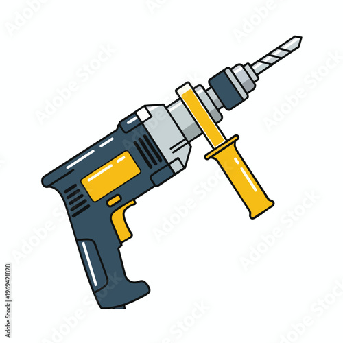 Blue and yellow corded drill with a sharp bit and auxiliary handle