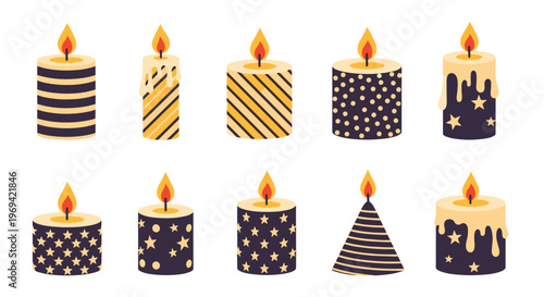 Collection of decorative burning candles in different shapes and patterns including stars, dots, and stripes.