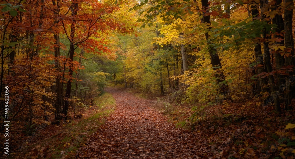 Fototapeta premium Tranquil natural trail in a forest vibrant with autumn leaf hues