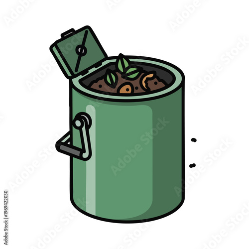 Green composting bin with open lid revealing organic waste and leaves