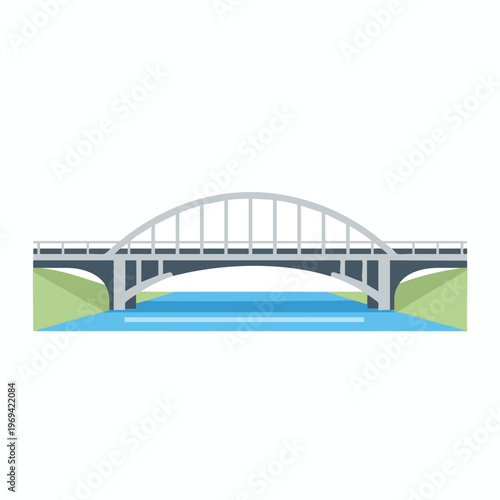 A modern arched bridge spans a calm blue river with green banks