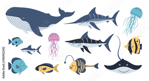 Diverse collection of sea creatures including a whale, sharks, jellyfish, and various colorful fish from the ocean.