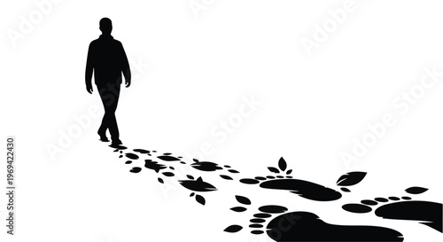 Silhouette of a person walking away, leaving a trail of footprints in the sand.