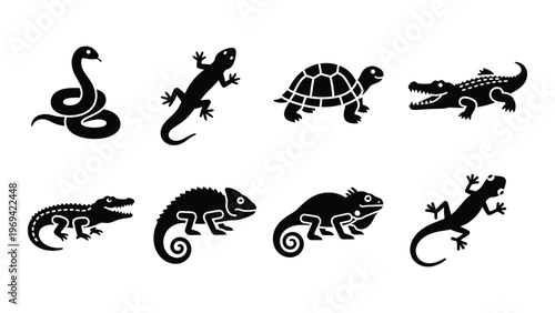 A collection of reptile silhouettes including a snake lizard turtle alligator and chameleon silhouette high quality professional detailed modern elegant stylish