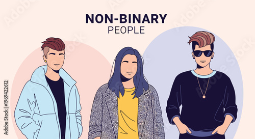 Three stylish non-binary people with modern hairstyles and fashion standing against a simple background.