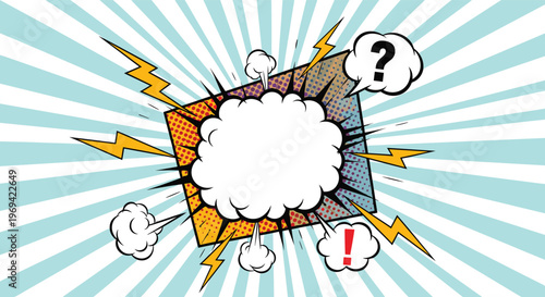 Explosive comic style background with a large white speech bubble, lightning bolts, and stars for action scenes.