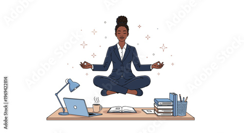 Successful businesswoman meditating at her office desk while floating in mid air to manage work stress.