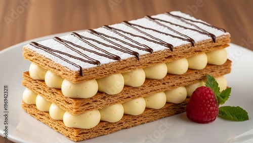 Elegant mille-feuille dessert with powdered sugar and raspberry garnish