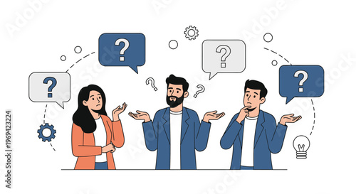 Diverse group of people standing together looking confused and shrugging their shoulders with question mark speech bubbles above them.
