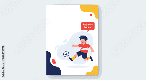 Colorful sports flyer template featuring a young boy playing soccer with a soccer ball and a speech bubble that says register today.