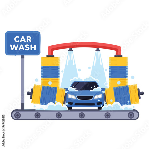 A blue car on a conveyor belt at an automated car wash with brushes and water jets