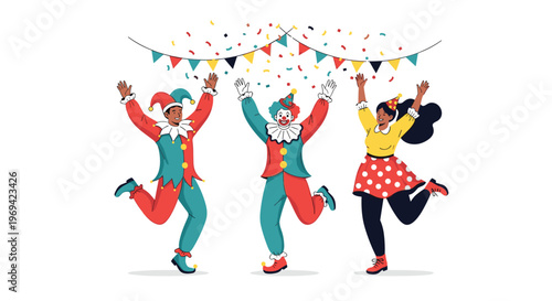 Group of cheerful people dressed as clowns and party guests jumping for joy with colorful confetti and bunting in the background.