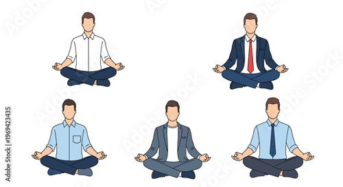 Set of professional businessmen in different outfits sitting in a cross-legged meditation pose to manage stress and find inner peace.