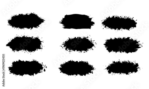 A collection of black ink brush strokes and grunge paint splatter shapes in vector format. Perfect for use in posters, banners, backgrounds, logos, and creative design projects.