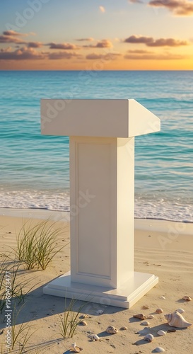 Elegant podium on pristine beach with tranquil sea and sunset backdrop
