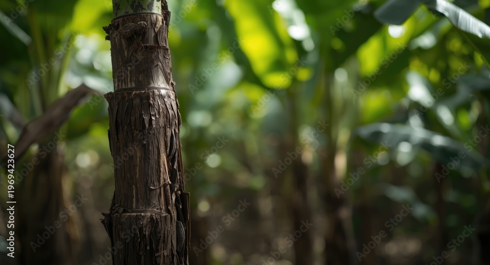 Fototapeta premium Blurred banana trunk with thriving green plant life in a natural scene