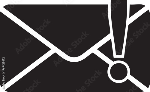 Black envelope icon with exclamation mark, notification symbol, email alert sign, messaging vector