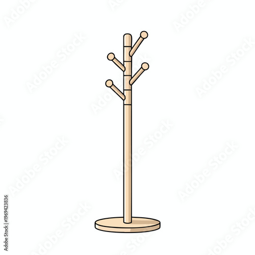 A light wood coat rack with a round base and multiple pegs