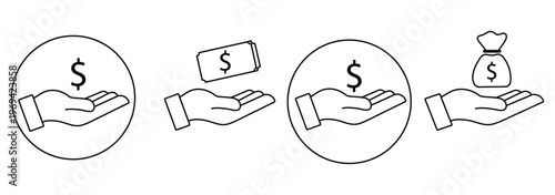 Money in hand icons set. Save money sign. Cash, loan, coin, dollar, saving, budget, earning money, revenue symbol. Hands holding dollar coin flat and line 