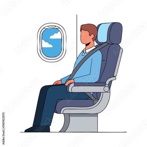 Man wearing seatbelt in airplane seat, looking out window at clouds