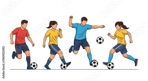 Set of female and male soccer players in various dynamic poses dribbling and kicking a ball during a professional football match.