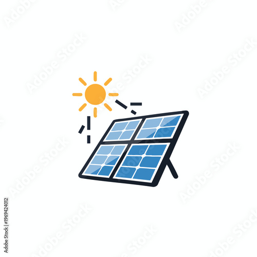 Flat icon of a solar panel capturing sun rays to generate power
