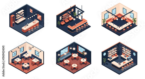 Collection of various isometric cafe and restaurant interior designs featuring tables chairs bar counters and stylish decorations.