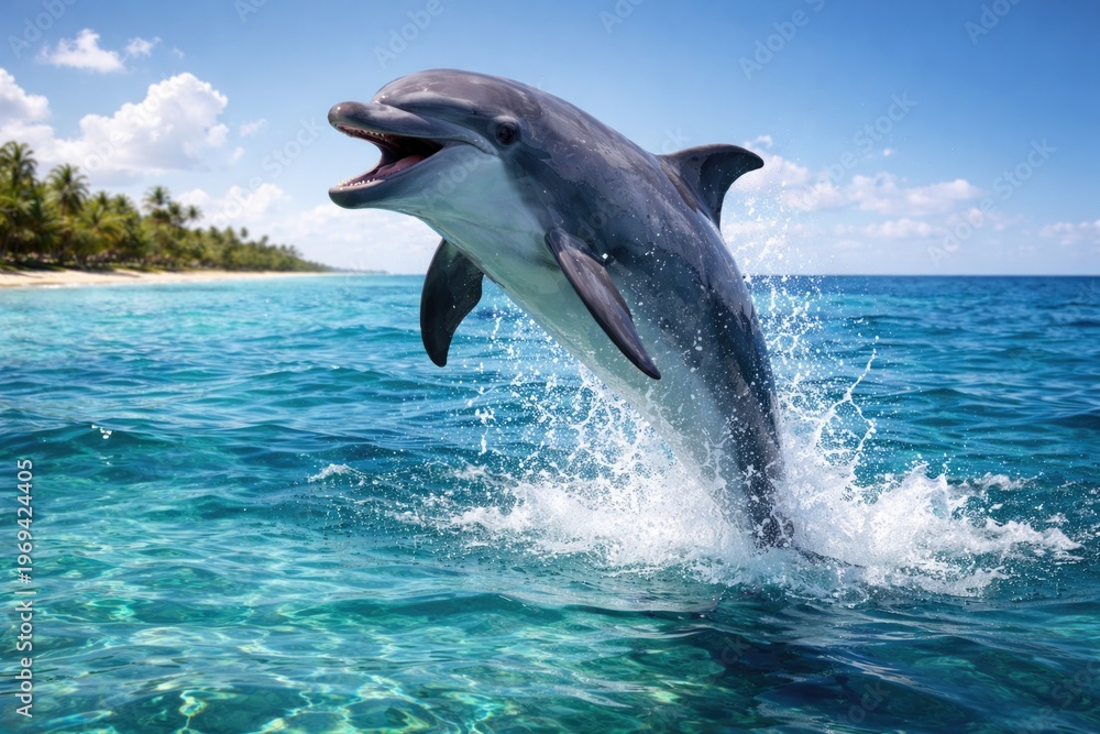 Fototapeta premium Joyful pet dolphin leaping in clear ocean water on a bright sunny day