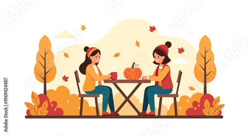 Two women sitting at an outdoor table drinking hot beverages and enjoying the autumn scenery with pumpkins and colorful trees.