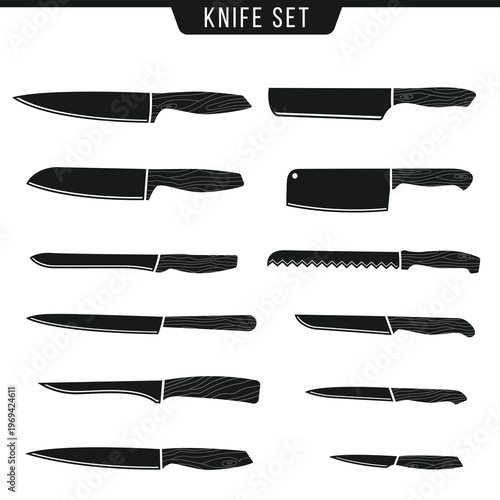 Set of kitchen knives with wooden handles, white background. vector file