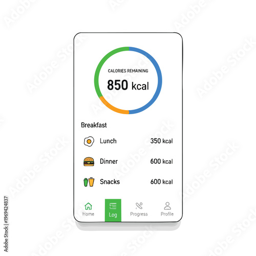 Mobile app displays daily calorie count, meal breakdown, and navigation icons