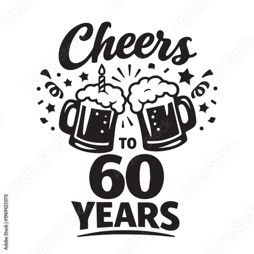 A vector illustration celebrating a 60th anniversary with two beer glasses clinking together, symbolizing cheers, joy, and a festive milestone in a lively and celebratory style.