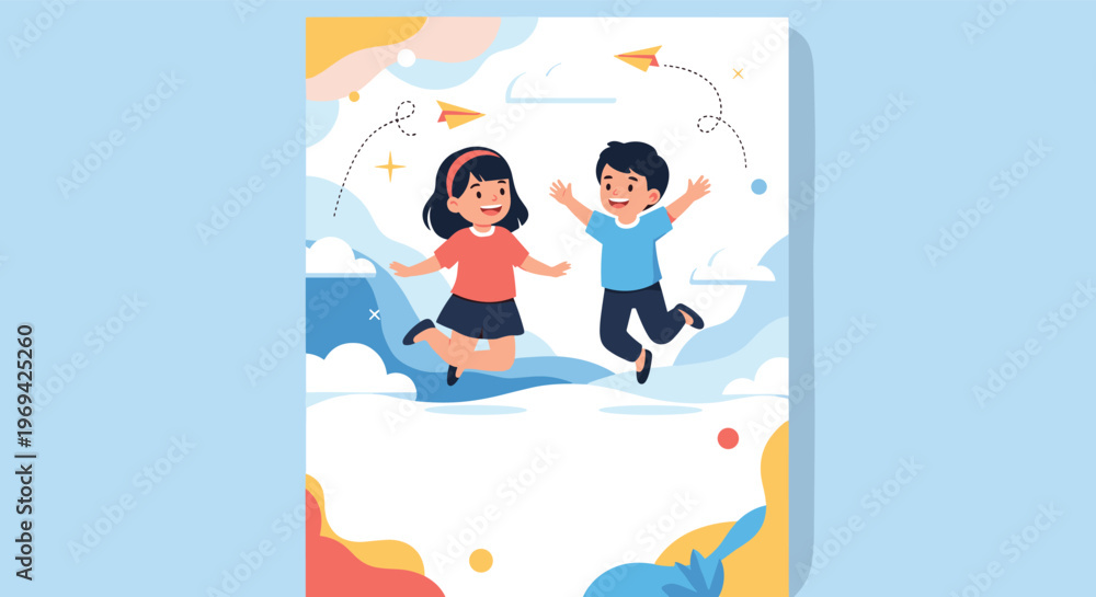 Fototapeta premium Joyful illustration of two children jumping in the sky with paper planes and clouds for a school or summer camp event poster.