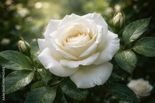 Elegant white rose surrounded by fresh green leaves with natural backdrop for floral design inspiration