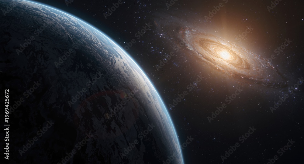 Obraz premium space exploration view of earth next to radiant galaxy
