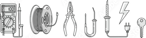 Electrical tools icons set, multimeter wire pliers soldering iron tester plug cable, electrician equipment vector, repair maintenance engineering illustration collection