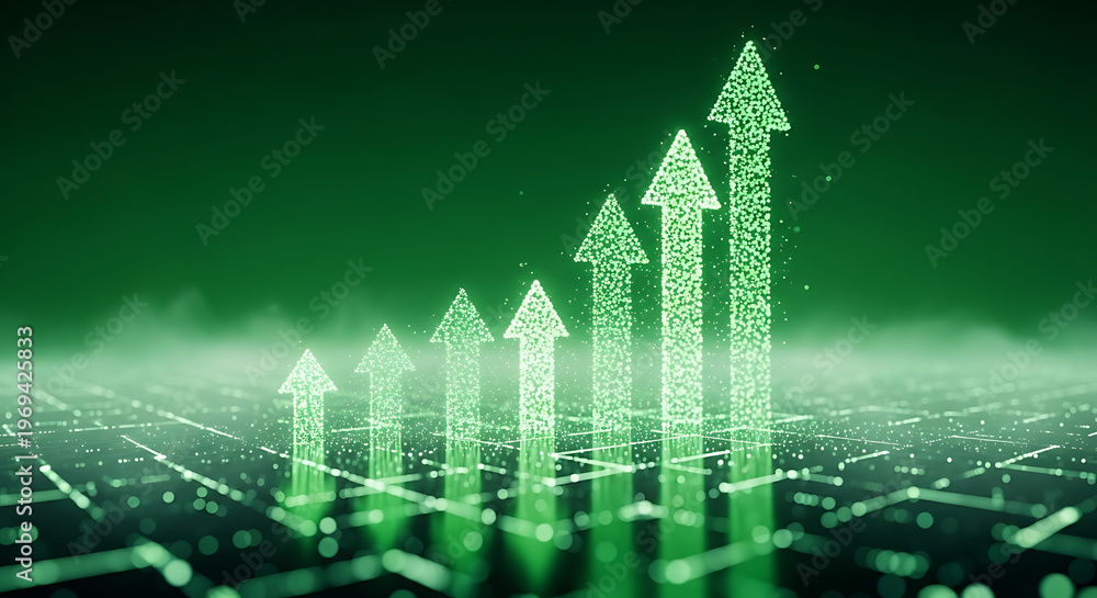 Naklejka premium Green arrows pointing upwards on a digital grid background with glowing effect transparent background