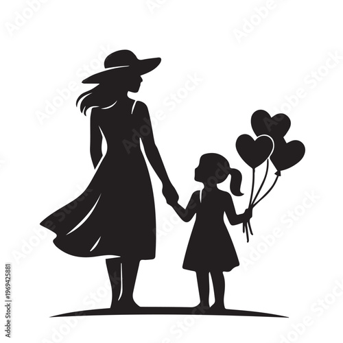 A simple vector silhouette of a mother and daughter walking together, holding a heart shaped balloon, symbolizing love, care, and a joyful family relationship.