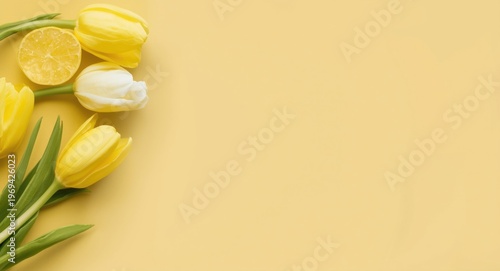 Yellow and white tulip edge with plain background and copy space