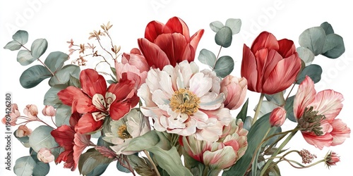 Watercolor illustration of assorted flowers, featuring tulips, peonies, and greenery against white