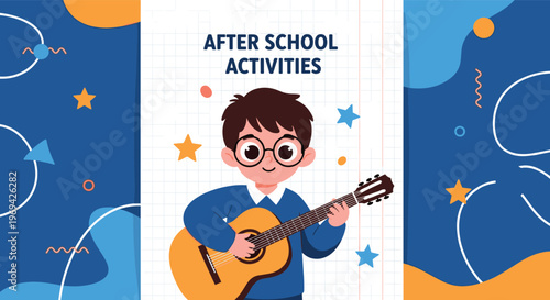 Young boy with glasses playing an acoustic guitar as an after school activity on a decorative school themed background.