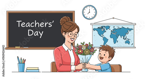 Happy schoolboy giving colorful flower bouquet to his teacher in classroom with blackboard on Teachers Day celebration.