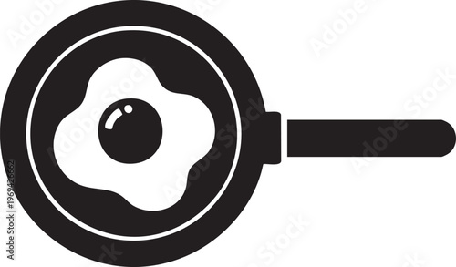 Black frying pan with egg, cooking icon, kitchen utensil, breakfast symbol