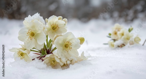 White and yellow hellebore rose flowers blossoming in snow covered winter landscape