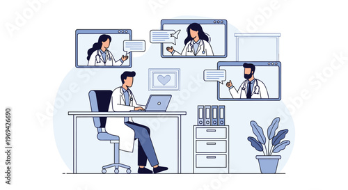 Male doctor in a lab coat working at a laptop in a modern medical office while conducting online consultations with other physicians.