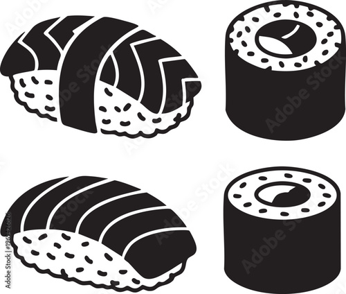 Sushi rolls, Japanese food icons, black and white vector graphics, 4 sushi pieces