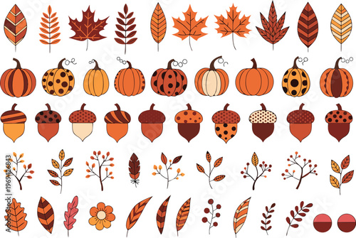 Autumn harvest icon set with pumpkins acorns and fall leaves