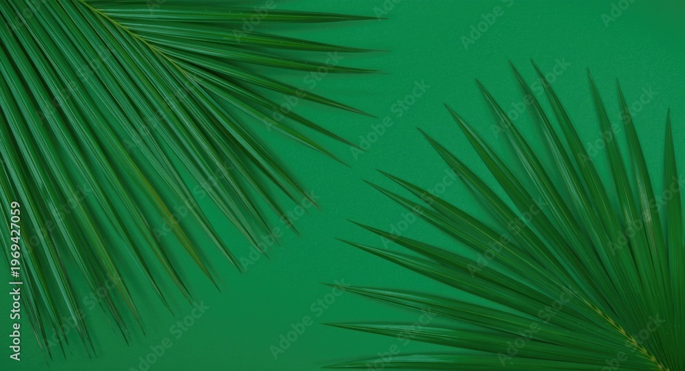 Obraz premium White stone cosmetic display with palm leaves set on rich green background